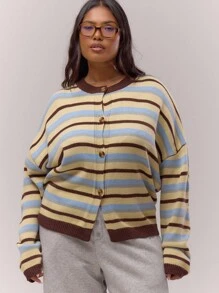 MUSERA 大码条纹圆领纽扣宽松开衫，可爱优雅高贵假日休闲居家女款，曲线奶油糖色时尚春季毛衣，情人节款 - 彩色 - 查看 1