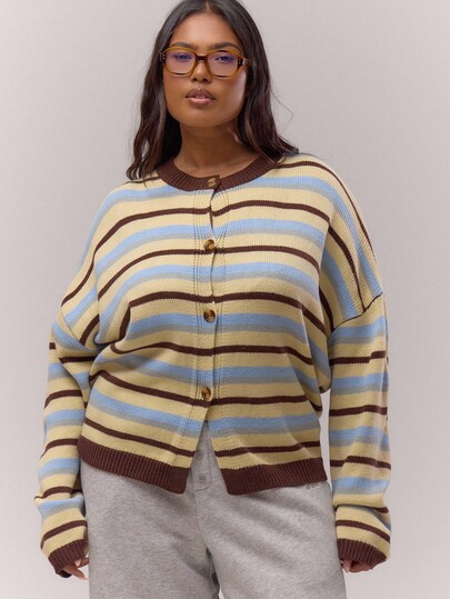 MUSERA Plus Size Stripe Crewneck Button Down Loose Fit Cardigan Cute Elegant Classy Holiday Coolgirl Casual Lounge For Women Curve Butterscotch Chic Spring
