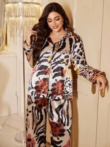 MuseNap CURVE LuxeNights 女士加大码优雅豹纹缎面前扣口袋长袖动物纹上衣和裤子睡衣套装，舒适优雅细节，秋冬服装 - 彩色 - 查看 6