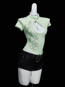 SHEIN ICON 女士绿色水钻装饰前后镂空高领紧身衣 - 黑色 - 查看 9