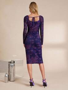 Amorya Women's Elegant Heart Neck 3D Floral Print Long Sleeve Slim Fit Mid-Length Dress, Autumn New Year Women's Outfit  Party Dress Clothes For New Year Women's Halloween Costume - Purple - View 3