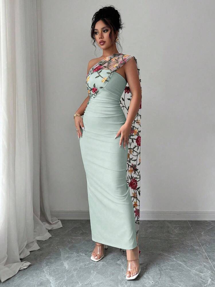 Elenzga Women's Elegant Embroidered Mesh Dress - Mint Green - View 4