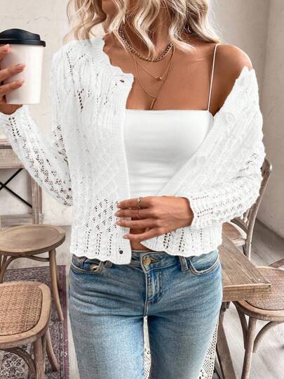 EMERY ROSE Women's Crew Neck Hollow Front Button Cardigan Knit Sweater Fall Winter Cloth For Women