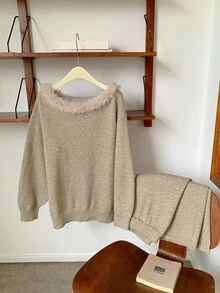 DAZY 2 件女士纯色斜肩长袖宽松针织毛衣带毛领冬季 - 卡其色 - 查看 8