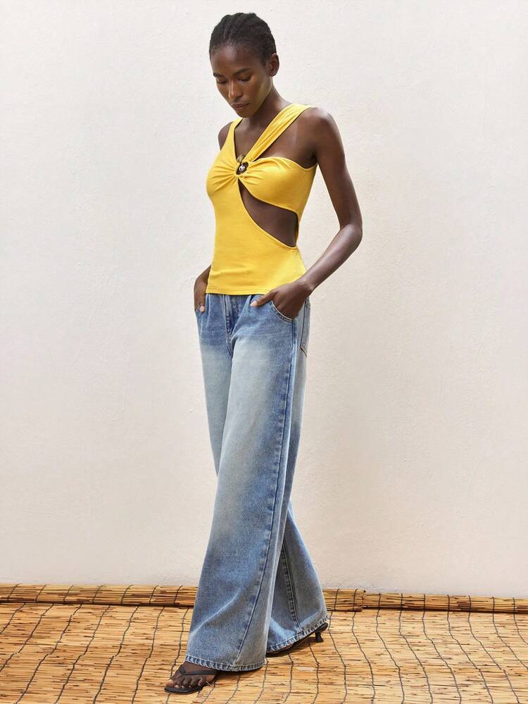 SHEIN Maija レディース 夏 メタリック装飾 ホロー スリムフィット タンクトップ