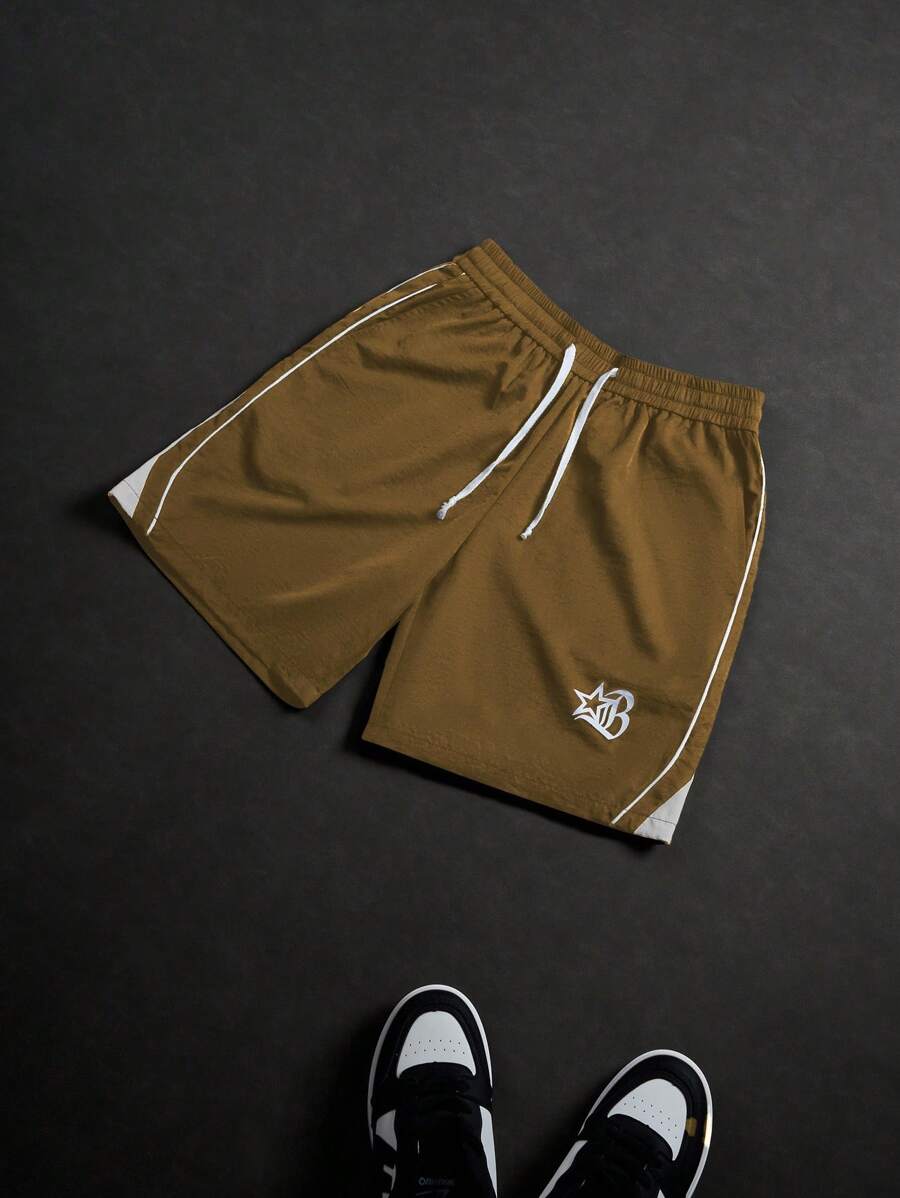 PAVTROS 男士夏季休闲拼色字母印花短裤 - 咖啡棕 - 查看 1