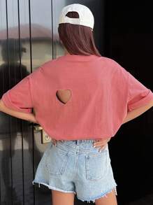 DAZY Heart Cut Out Drop Shoulder Tee - Pink - View 3