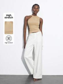 Maija Modern Urban Asymmetric Collar Twisted Knot Textured Striped Sleeveless Cropped Tank Top, Suitable For Music Festivals, Easter Parties,Vacation Outfits - Khaki - View 1