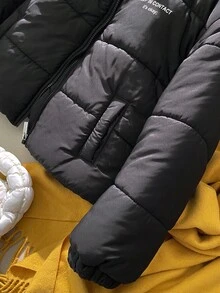 SHEIN Sparklyn Tween 女童休闲百搭通勤宽松立领字母印花棉服外套，秋冬季保暖 - 黑色 - 查看 5