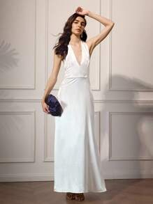 Briarwyn Vestido elegante de unicolor sin espalda con cuello halter, ropa de otoño, estilo de mujer de dinero antiguo, atuendo de fiesta todo blanco para mujer, atuendo de cita nocturna para mujer, atuendo de vacaciones para mujer, vestido de invitada de boda para mujer, vestidos de fiesta para mujer. - Blanco - Ver 5
