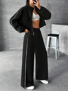 EURMUSE Women's Solid Casual Good Quality Drawstring Two Pieces Set - Black - View 4