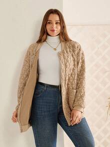 EMERY ROSE 秋冬款大码女式绗缝纽扣口袋夹棉大衣 - 駝色 - 查看 7