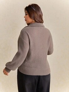 Elaquor 大码休闲简约基本款家居服宽松纯色半拉链针织毛衣，秋冬 - 咖啡棕 - 查看 2
