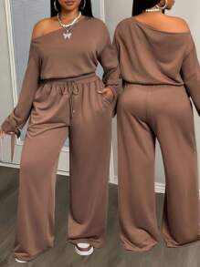 Slaydiva Ensemble 2 pièces ample à manches longues avec une épaule inclinée, un Top avec cordon élastique à la taille et poches, et un pantalon à jambes larges. Couleur brun foncé. Convient pour l'automne/hiver, le retour à l'école, le style de rue, les sorties, le travail, l'aéroport, les fêtes, le quotidien, etc. - Tabac - Voir 2