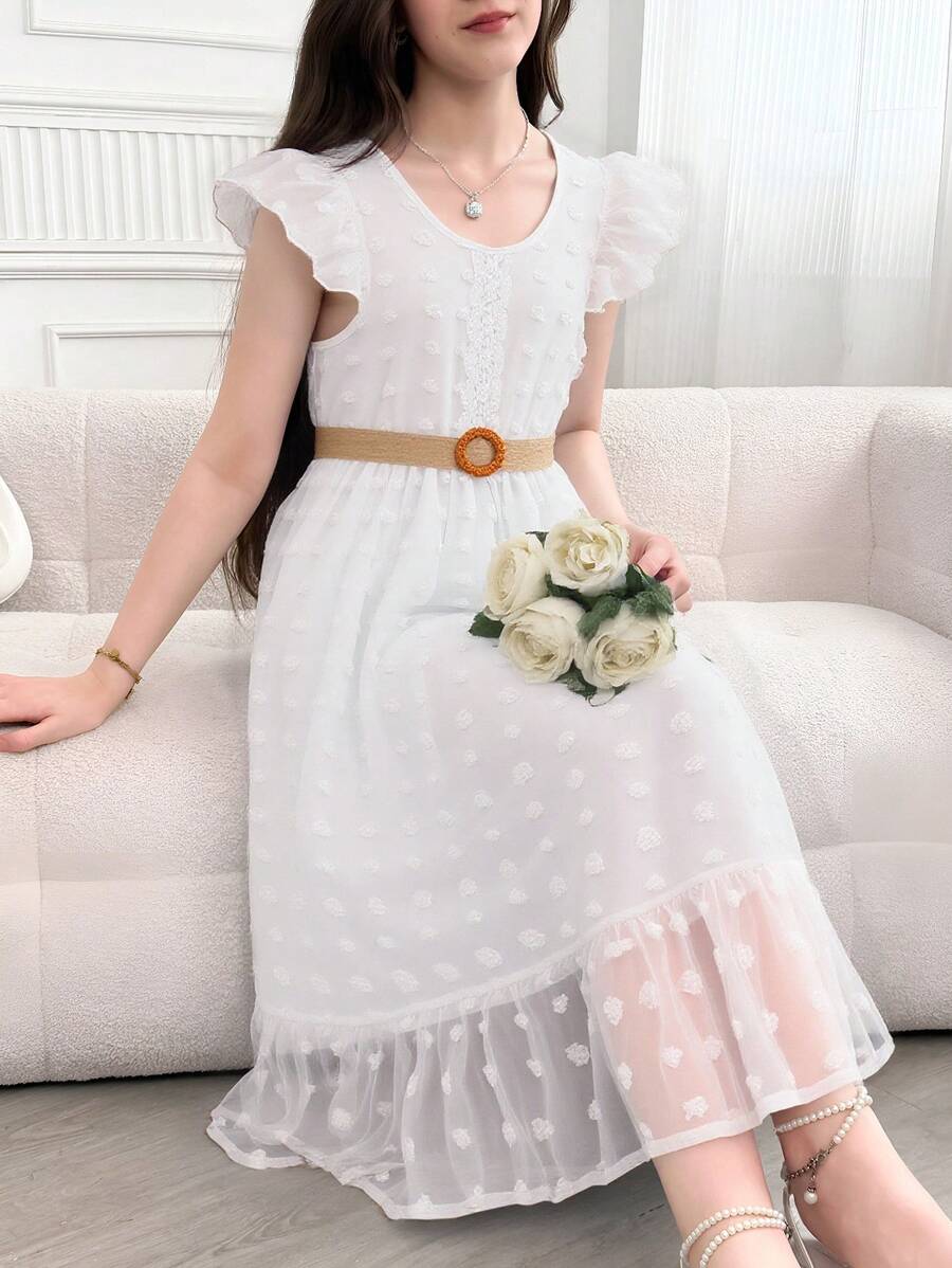 SHEIN 青少年女孩瑞士圆点短袖连衣裙，适合大童、度假、夏季和旅行 - 白色 - 查看 1