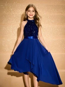 Girls' High-End Beaded Patchwork Woven Halter Asymmetrical Hem Long Dress, Suitable For Wedding, Performance, Birthday Party, Graduation, Christmas, Halloween Fall Winter - Blue - View 9