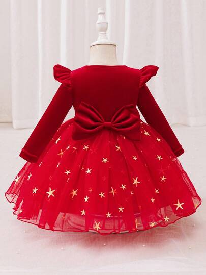Glamorique Kids Baby Girl Princess Dress, Red Mesh Dress, Five Pointed Star Embroidered Mesh Fluffy Dress, Houfu Big Butterfly, Vacation, Partywear ,Valentine's Day,Birthday Dress, New Year's Day, Birthday Party, Wedding Festival Dress, Gorgeous Dress, Middle East, Europe And America