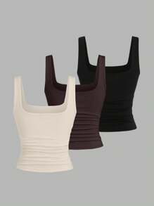 Sweetra Tank Top Kasual Wanita Warna Polos dengan Leher Persegi dan Lipit, Pas Badan. - MultiWarna - View 2