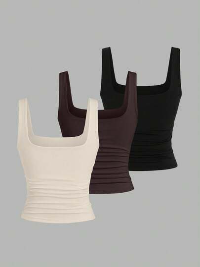 Sweetra Women's Solid Color Square Neck Pleated Fitted Casual Tank Top