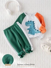 Cozy Pixies 2 件套男婴卡通恐龙图案针织柔软撞色圆领插肩袖套头衫和松紧腰卷边裤套装 - 彩色 - 查看 5