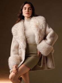 Anewsta 女士优雅仿皮草领收腰时尚仿皮草外套 - 杏色 - 查看 4