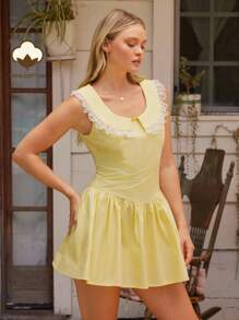 WESTFADE 100% Cotton & Floral Lace Collared Scoop Neck Sleeveless Drop Waist Ruffle Mini Dress,Pale Yellow Summer Cute Picnic Boho Nashville Country Outfit - Yellow - View 1