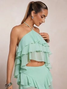 L'Amorae Women Crinkle Chiffon Halter Neck Triple Layered Top Summer Ibiza Vacation Mint Turquoise - Green - View 1
