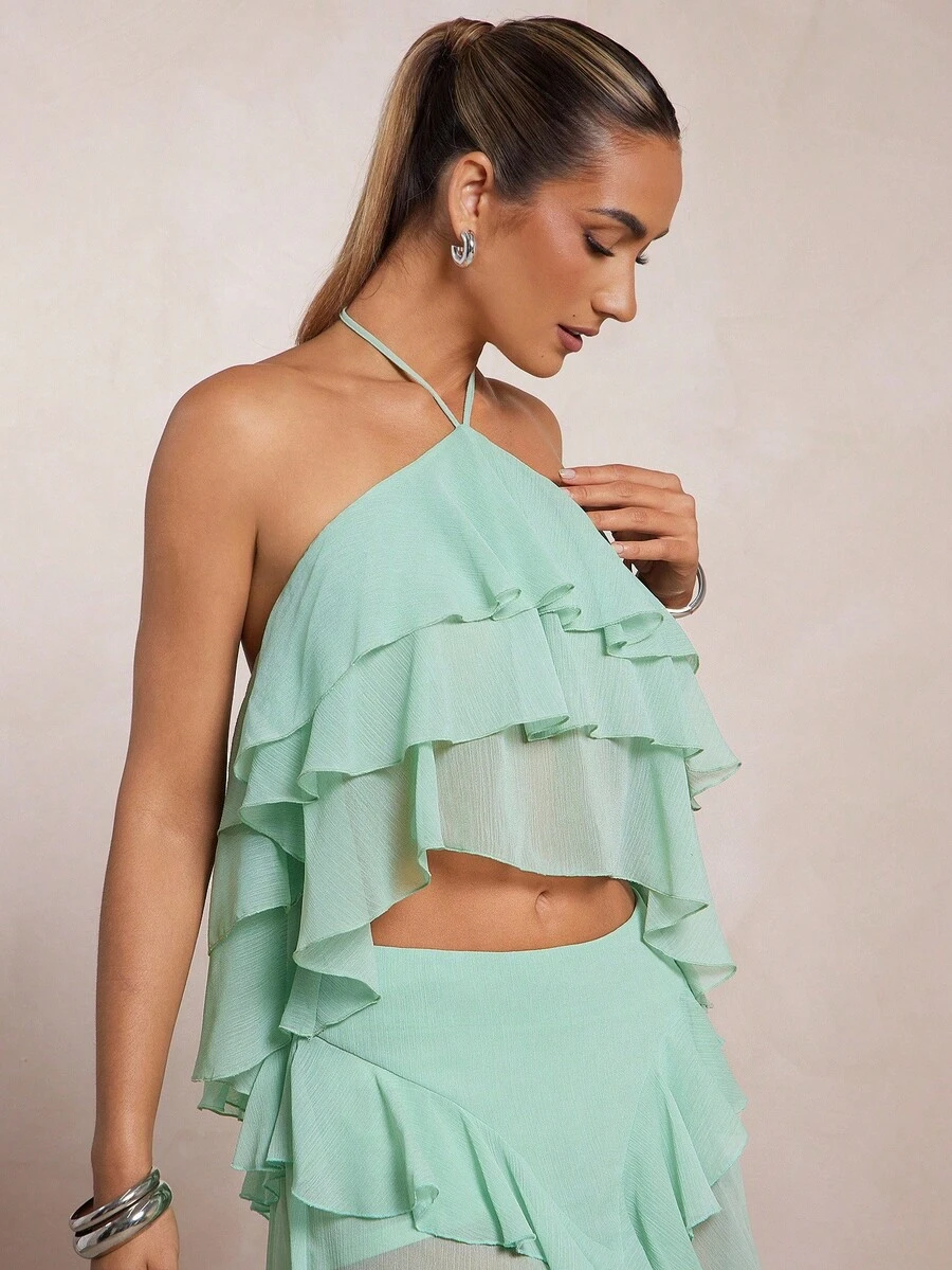L'Amorae Women Crinkle Chiffon Halter Neck Triple Layered Top Summer Ibiza Vacation Mint Turquoise - Green - View 1