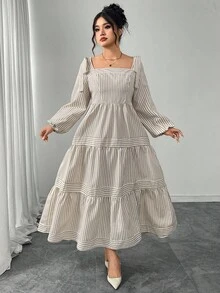 Modelyn Plus Size Women Elegant Waist Cinched Striped Long Sleeve Dress Fall Cloth For Women - Khaki - View 3