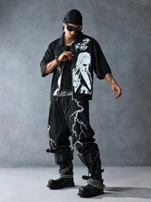 ROMWE MEN Anime Men's Denim Cartoon Character Print Zip-Up Casual Denim Jacket - Black - View 8