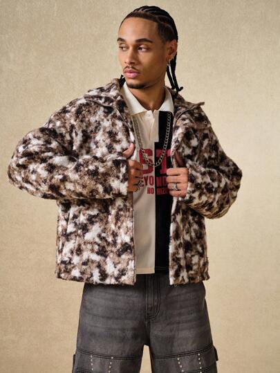 Street Life Fashion Versatile Long Sleeve Men's High Collar Animal Print Overcoat , Fall Winter