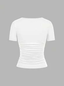 SHEIN EZwear Set de 4 camisetas de manga corta de cuello redondo de unicolor minimalista casual en negro, burdeos, gris y blanco, adecuadas para primavera/verano