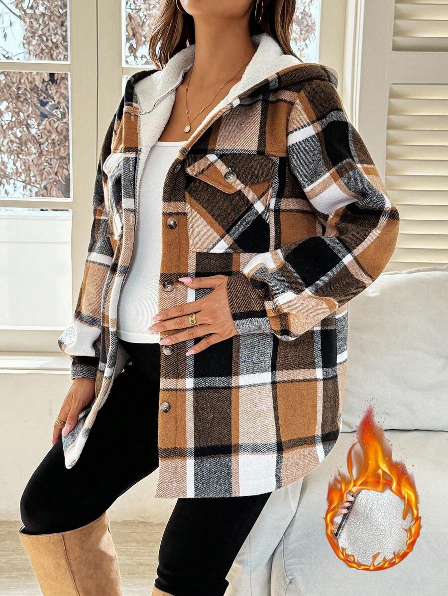 SHEIN Fall Clothes,Autumn Clothes,Maternity Autumn/Winter Clothes Pregnant Women's Long Sleeve Single-Breasted Plaid Pocket Casual Fleece Hooded Jacket