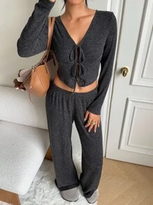 SHEIN EZwear 2pcs/Set Women Casual Grey Long Sleeve Tie Front Top And Wide Leg Pants,Autume/Winter - Grey - View 4
