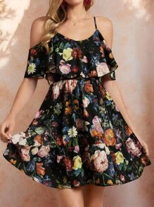 Amorya Clasi 女士花卉印花 V 领露肩吊带优雅休闲日常浪漫春夏连衣裙 - 彩色 - 查看 4