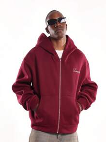 SUMWON Full Zip Hoodie With Embroidered Logo And Pockets - Burgundy - View 5