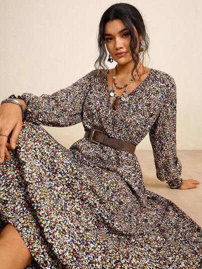 Enliva 大码秋季服装全印花褶皱豹纹长袖连衣裙/秋季连衣裙/秋季女士服装秋季婚礼宾客连衣裙优雅女士连衣裙