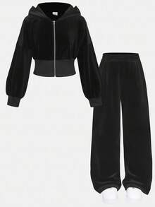Tween Girl Velvet Rhinestone Hoodie & Fitted Pants 2pcs Suit Set, Fashion Casual Outfit For Halloween, Christmas Party, Weekends, Casual Outing Fall Winter - Black - View 4
