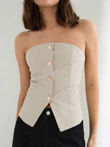 Maija Women's Apricot Summer Top, Solid Color Front Single-Row Metal Button With Pockets, Back Elastic Waist, Sleeveless Fitted Crop Top, Fashionable Simple Sexy For Holidays, Office, Casual, Business, Commuting, Airport - Khaki - View 5