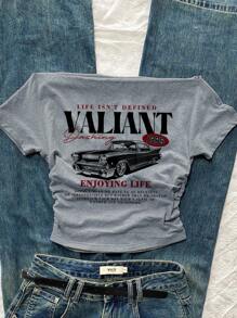 Attitoon 女士休闲腰部褶皱露肩修身短袖 T 恤，适合夏季，34% 棉，复古，复古汽车印花 - 淺灰色 - 查看 3