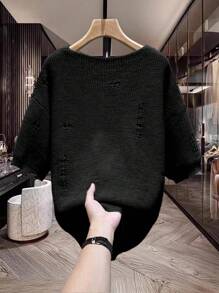 Manfinity Homme 男士休闲百搭纯色做旧针织毛衣 - 黑色 - 查看 2