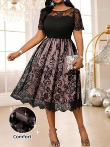 Fleurora Đầm ren chắp vá cổ tròn tay ngắn thanh lịch cỡ lớn, phù hợp cho trang phục du ngoạn mùa hè dành cho nữ, đầm trang trọng dành cho nữ - Bụi hồng - Xem 9