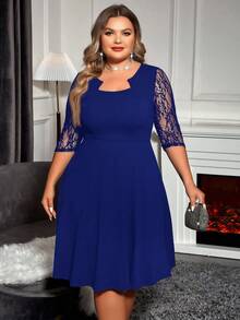 SHEIN Clasi Plus Size Solid Color Mid-Sleeve Lace Patchwork Keyhole Neck Ruffle Hem Elegant Dress - Royal Blue - View 3