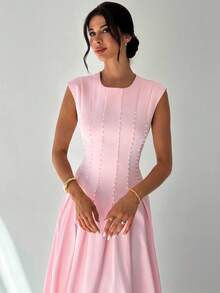 Firerie 女士优雅精致浪漫日常度假约会派对珍珠腰褶皱A字中长连衣裙，带短袖，粉色 - 粉色 - 查看 8