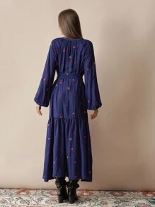 Florisole 女式秋季花卉刺绣装饰纽扣休闲连衣裙，秋季服装 - 藍色 - 查看 2