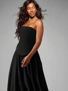 MISSGUIDED 无肩带高腰超长晚礼服正式拖地舞会礼服伴娘场合婚礼宾客派对舞会礼服，配有合身胸衣和飘逸雪纺裙 - 黑色 - 查看 3