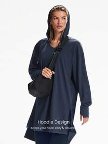 GLOWMODE Cloudknit 柔软超大臀长可调节抽绳长袖运动衫，带拇指孔，日常休闲秋季 - Dark Blue - 查看 4