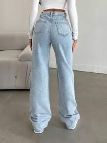 EURMUSE Snow Wash Straight Leg Jeans High Rise - Light Wash - View 2