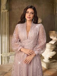 Aureia 加大码优雅奢华深 V 领长袖透明美人鱼下摆连衣裙，带珍珠和水钻装饰，适合婚礼、派对、庆典、单身派对、正式晚会 - 藕粉色 - 查看 2