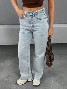 SHEIN Cottnline High Waist Straight Leg Woman Denim Jean Women's Outfits Work Outfits For Women Women's Women's Set Women's Clothes Women Summer Clothing Women's Bottoms Women's Summer Clothes - Light Wash - View 3